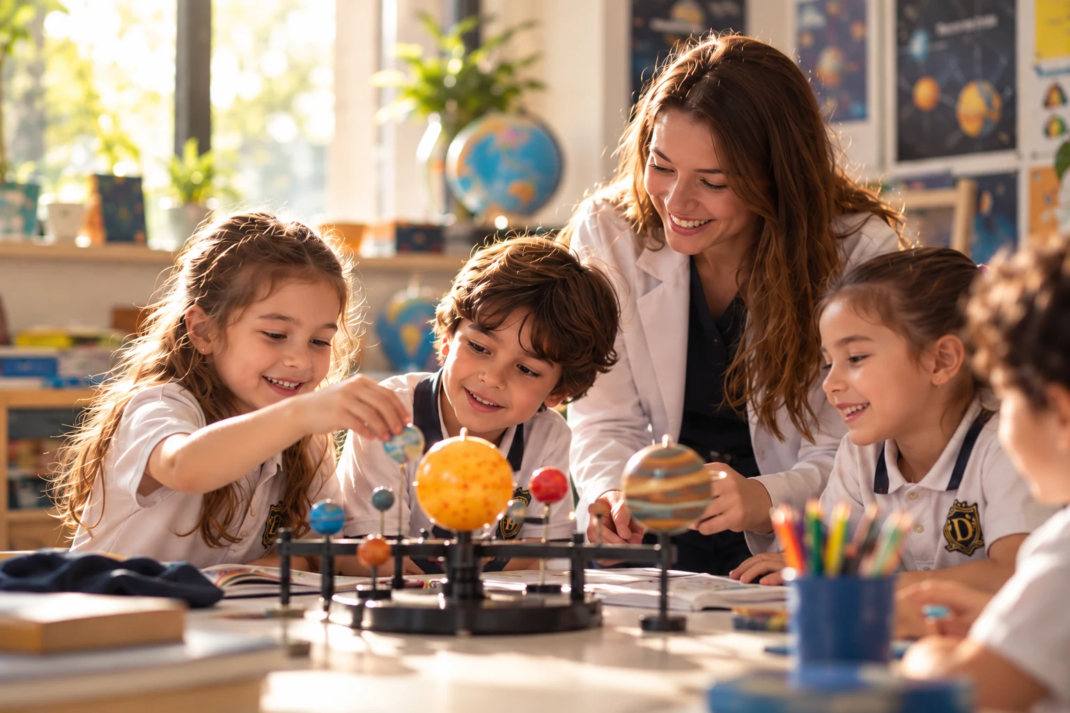 Öğretmenleriyle güneş sistemi modeli hazırlayan çocuklar